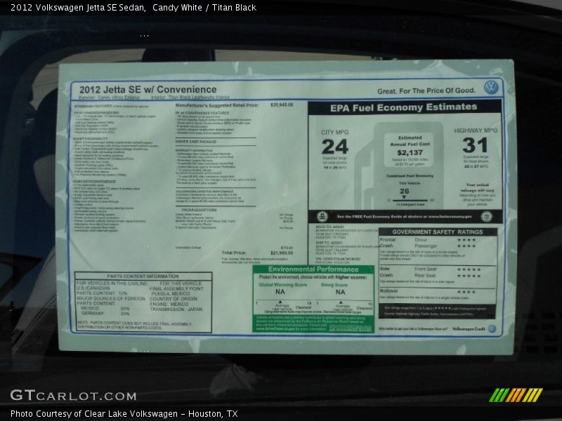 Candy White / Titan Black 2012 Volkswagen Jetta SE Sedan