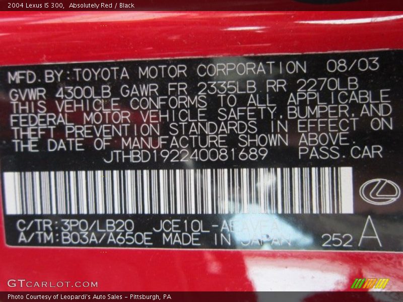 Absolutely Red / Black 2004 Lexus IS 300