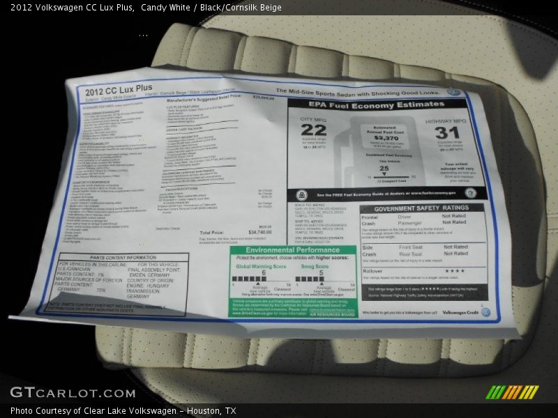 Candy White / Black/Cornsilk Beige 2012 Volkswagen CC Lux Plus