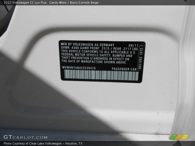 Candy White / Black/Cornsilk Beige 2012 Volkswagen CC Lux Plus