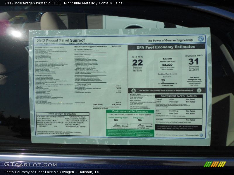  2012 Passat 2.5L SE Window Sticker