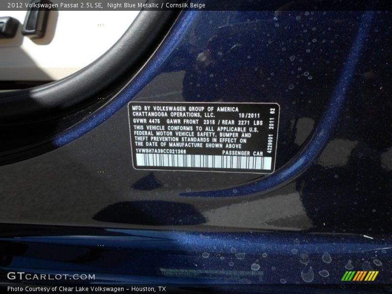 Night Blue Metallic / Cornsilk Beige 2012 Volkswagen Passat 2.5L SE
