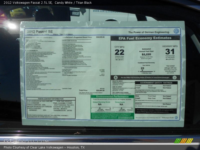  2012 Passat 2.5L SE Window Sticker