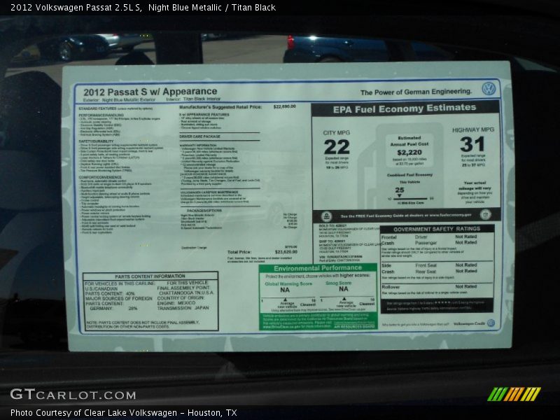 Night Blue Metallic / Titan Black 2012 Volkswagen Passat 2.5L S
