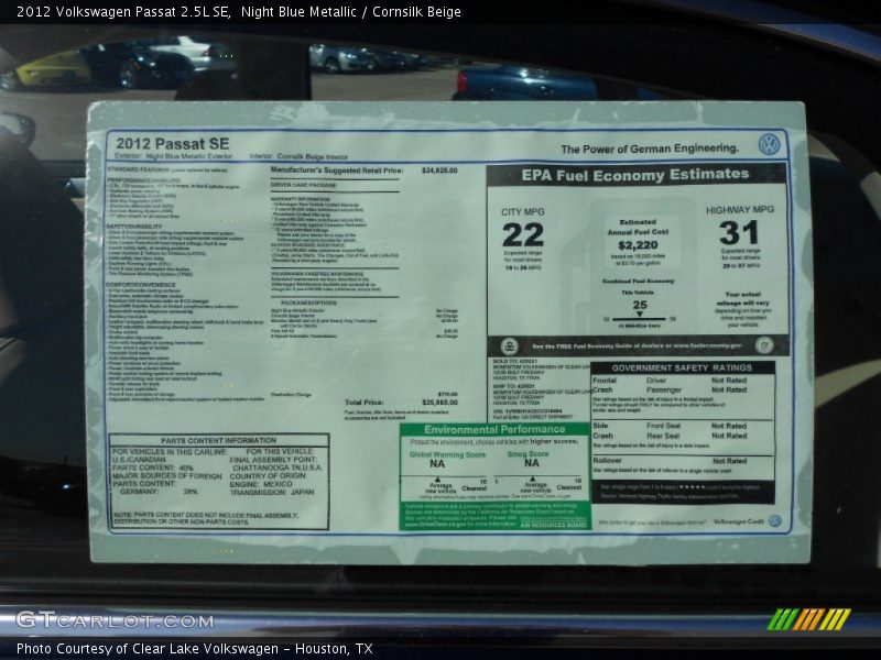  2012 Passat 2.5L SE Window Sticker