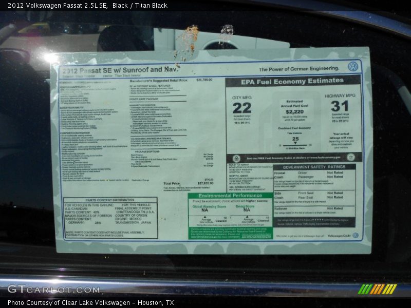 Black / Titan Black 2012 Volkswagen Passat 2.5L SE