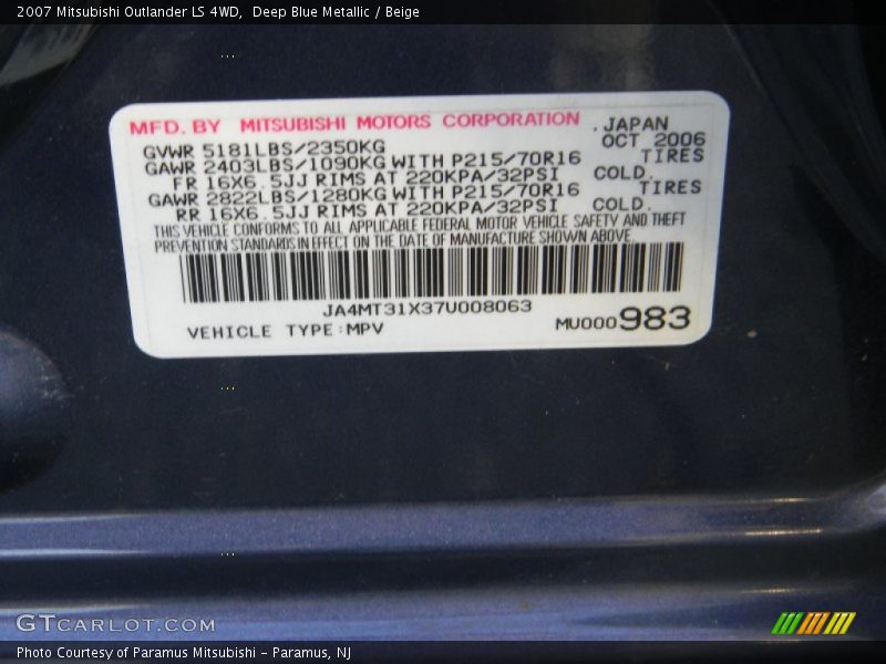 Deep Blue Metallic / Beige 2007 Mitsubishi Outlander LS 4WD