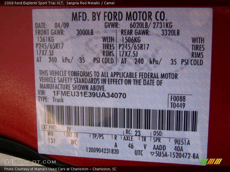 Sangria Red Metallic / Camel 2009 Ford Explorer Sport Trac XLT