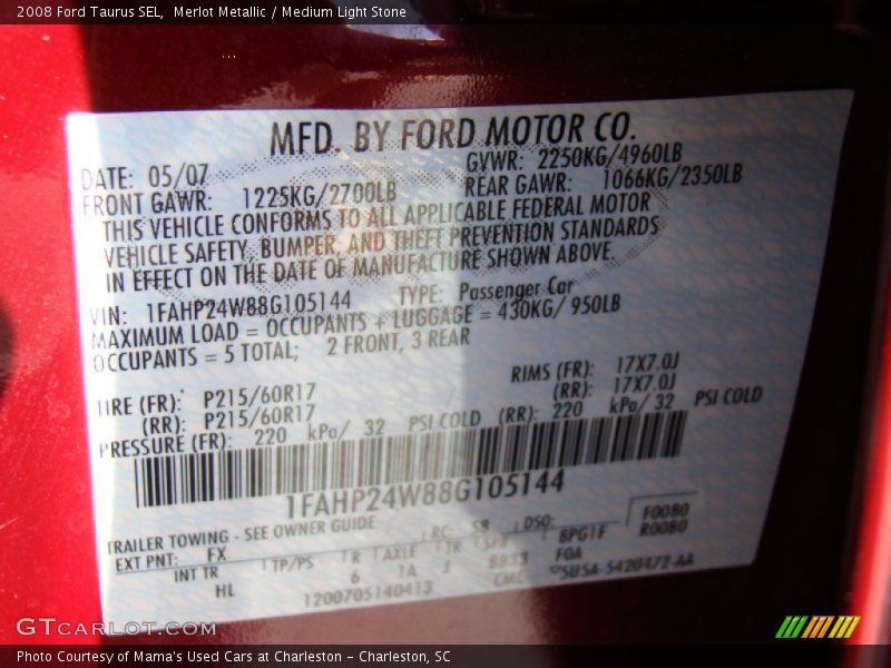 Merlot Metallic / Medium Light Stone 2008 Ford Taurus SEL