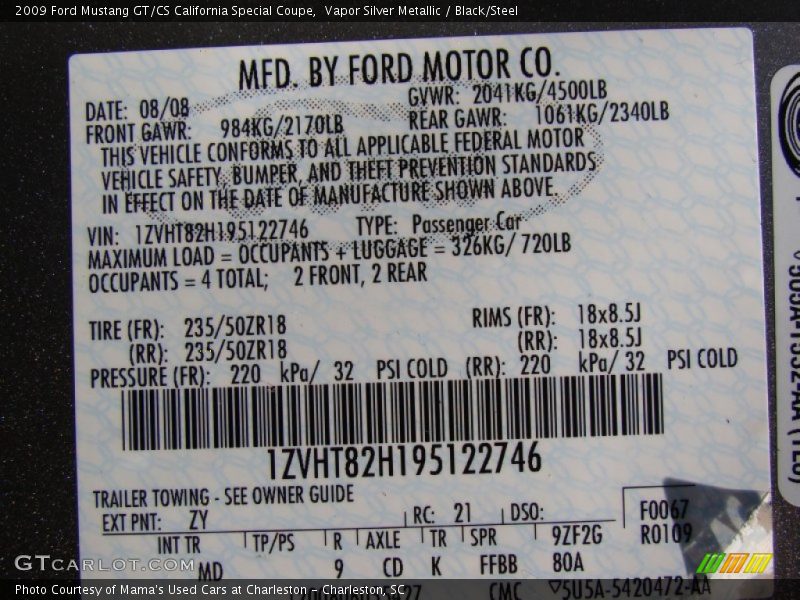 2009 Mustang GT/CS California Special Coupe Vapor Silver Metallic Color Code ZY