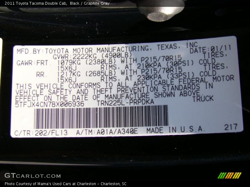 Black / Graphite Gray 2011 Toyota Tacoma Double Cab