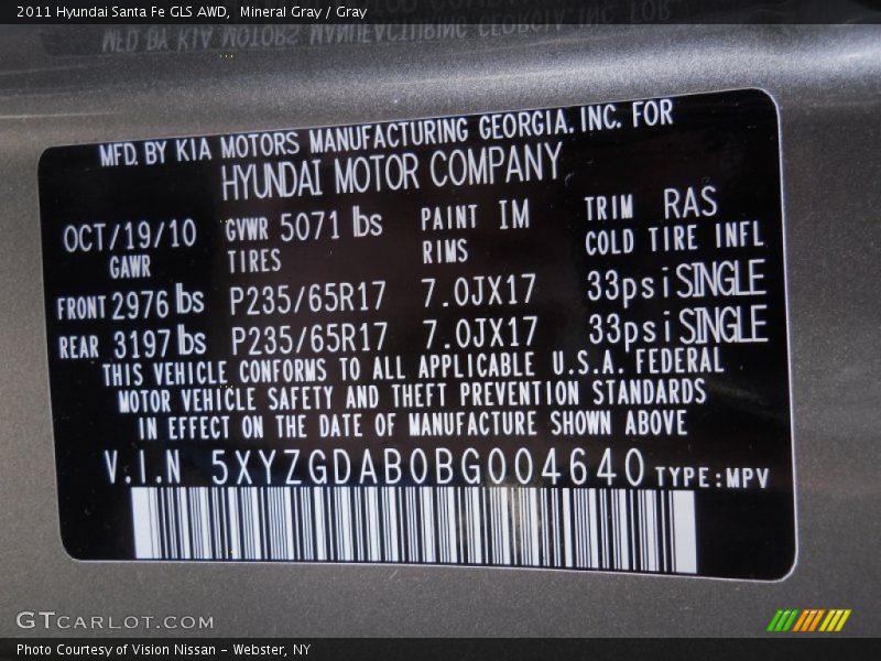 2011 Santa Fe GLS AWD Mineral Gray Color Code IM