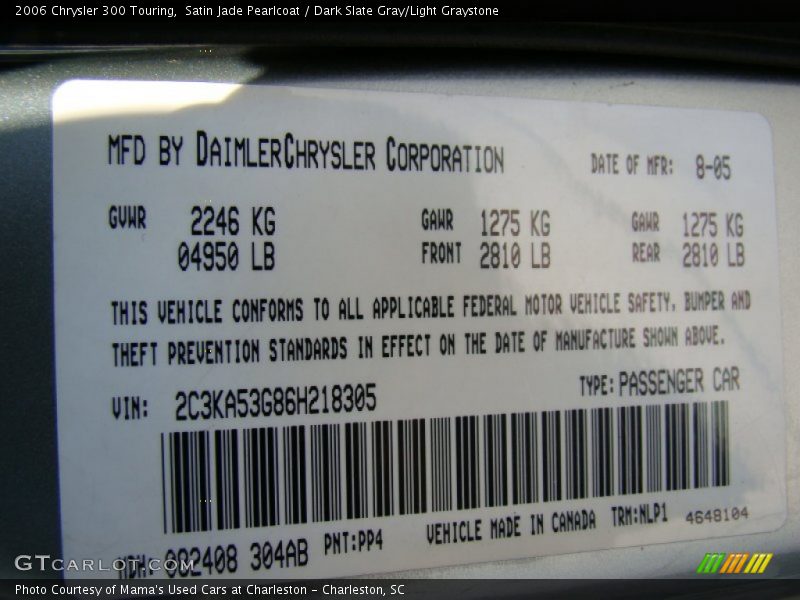 Satin Jade Pearlcoat / Dark Slate Gray/Light Graystone 2006 Chrysler 300 Touring