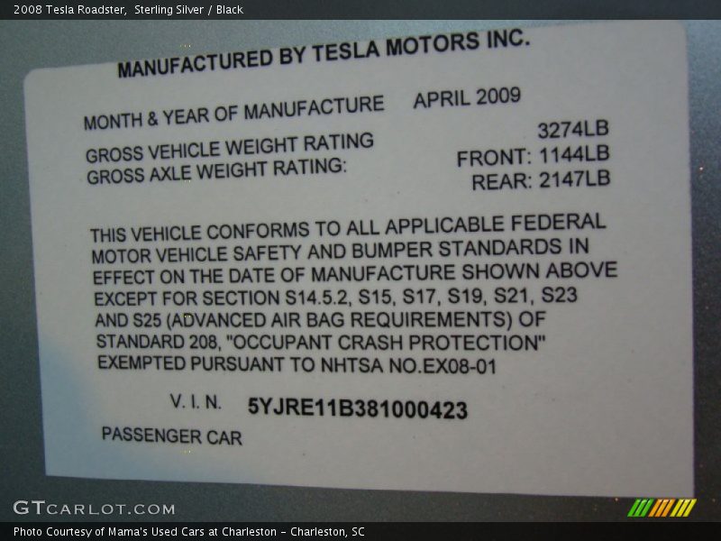Info Tag of 2008 Roadster 