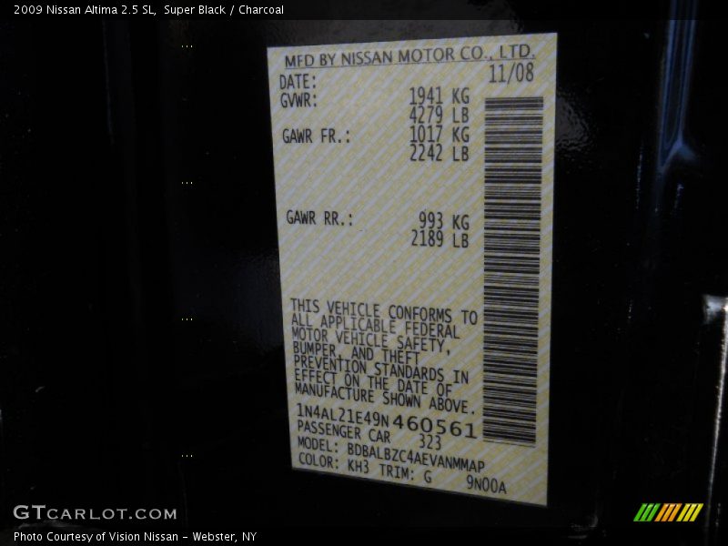 Super Black / Charcoal 2009 Nissan Altima 2.5 SL