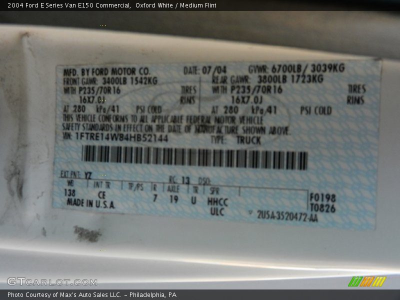 2004 E Series Van E150 Commercial Oxford White Color Code YZ