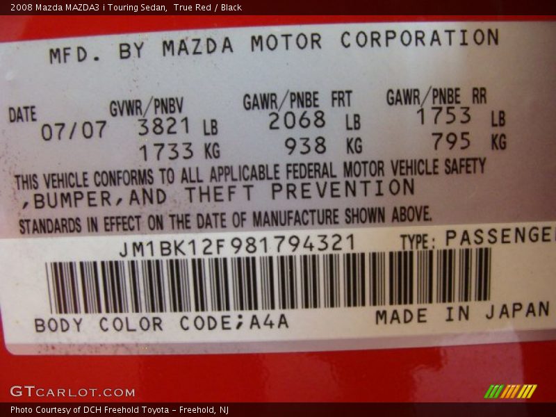 True Red / Black 2008 Mazda MAZDA3 i Touring Sedan