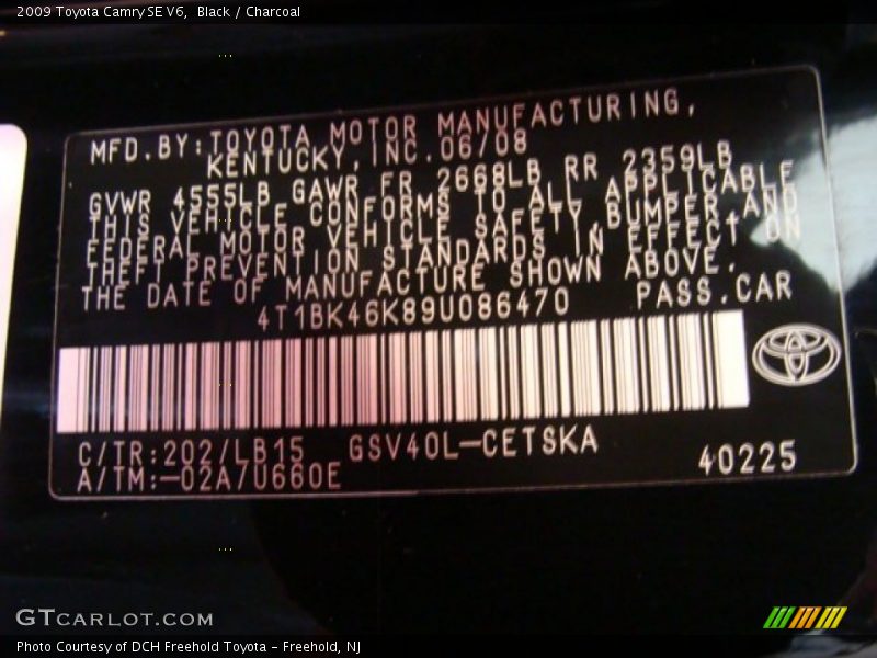 Black / Charcoal 2009 Toyota Camry SE V6