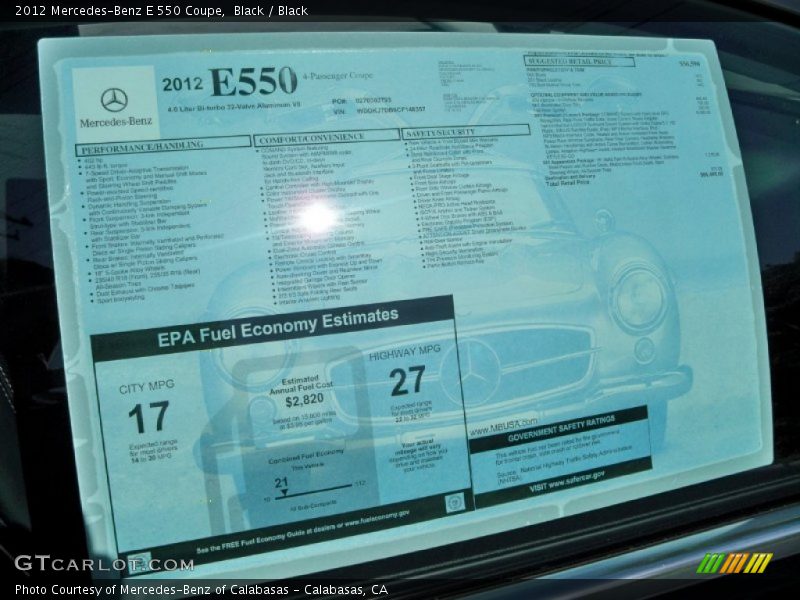  2012 E 550 Coupe Window Sticker