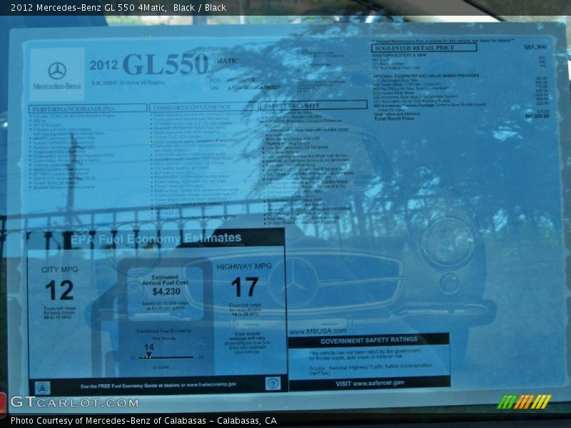  2012 GL 550 4Matic Window Sticker
