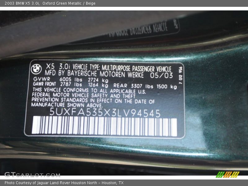 Oxford Green Metallic / Beige 2003 BMW X5 3.0i
