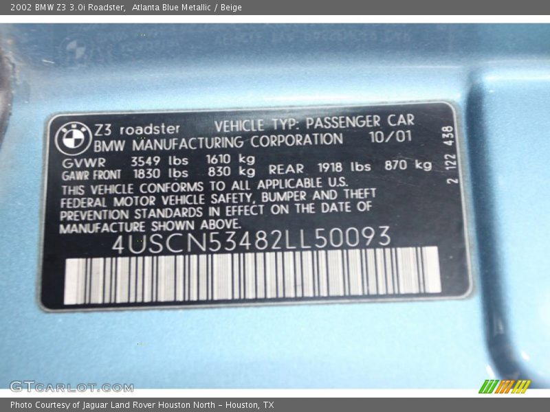 Info Tag of 2002 Z3 3.0i Roadster