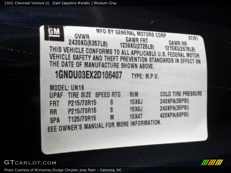 Dark Sapphire Metallic / Medium Gray 2002 Chevrolet Venture LS