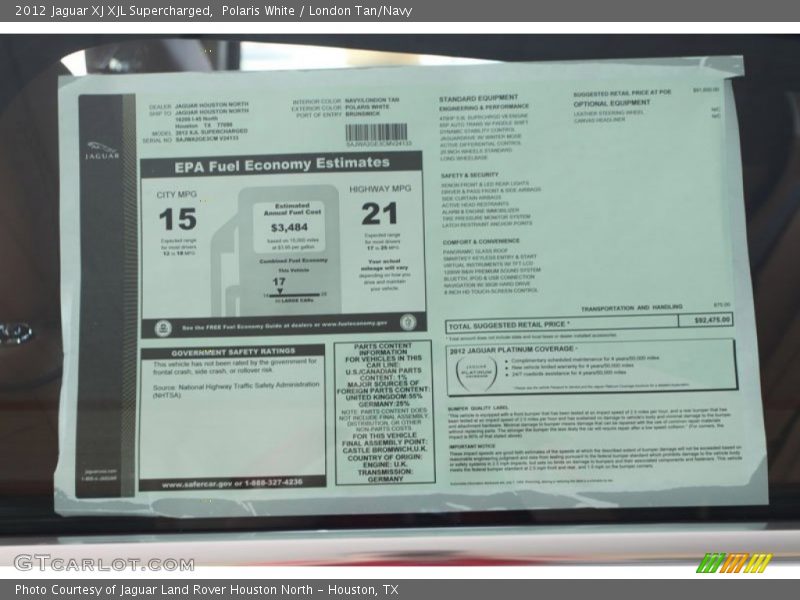  2012 XJ XJL Supercharged Window Sticker