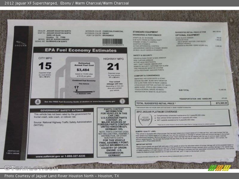  2012 XF Supercharged Window Sticker