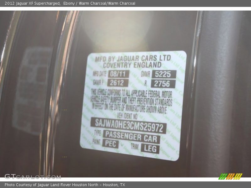 2012 XF Supercharged Ebony Color Code PEC