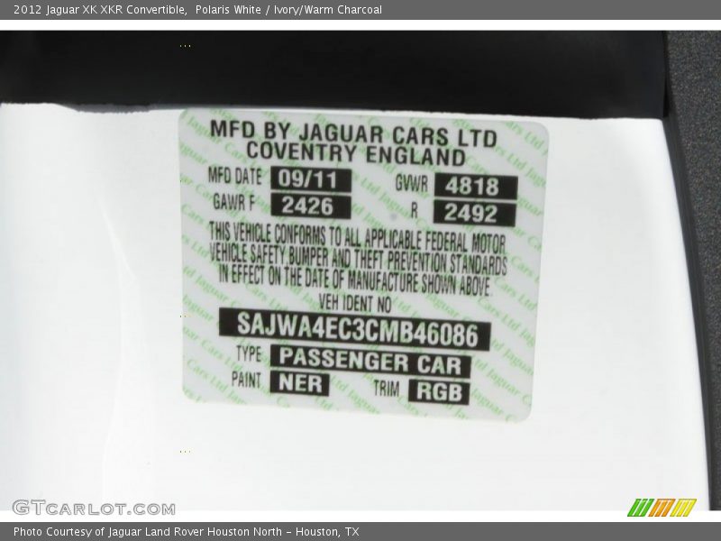 2012 XK XKR Convertible Polaris White Color Code NER