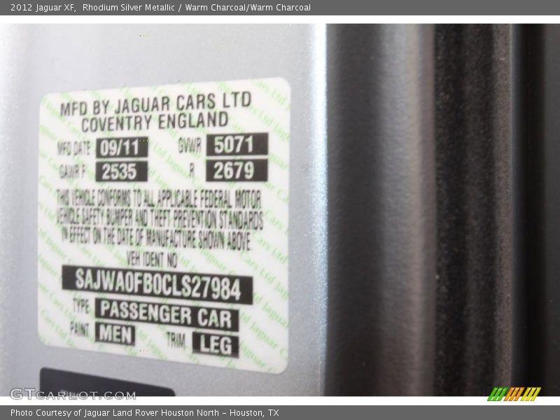 2012 XF  Rhodium Silver Metallic Color Code MEN