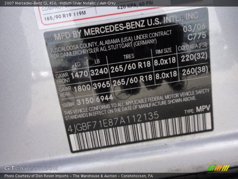 Iridium Silver Metallic / Ash Grey 2007 Mercedes-Benz GL 450