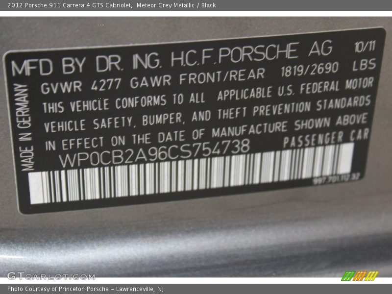 Info Tag of 2012 911 Carrera 4 GTS Cabriolet