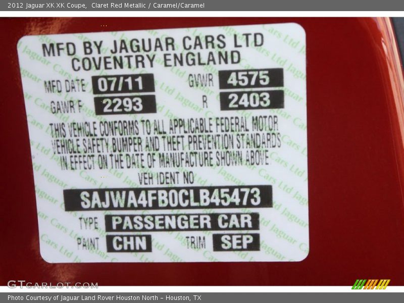 2012 XK XK Coupe Claret Red Metallic Color Code CHN