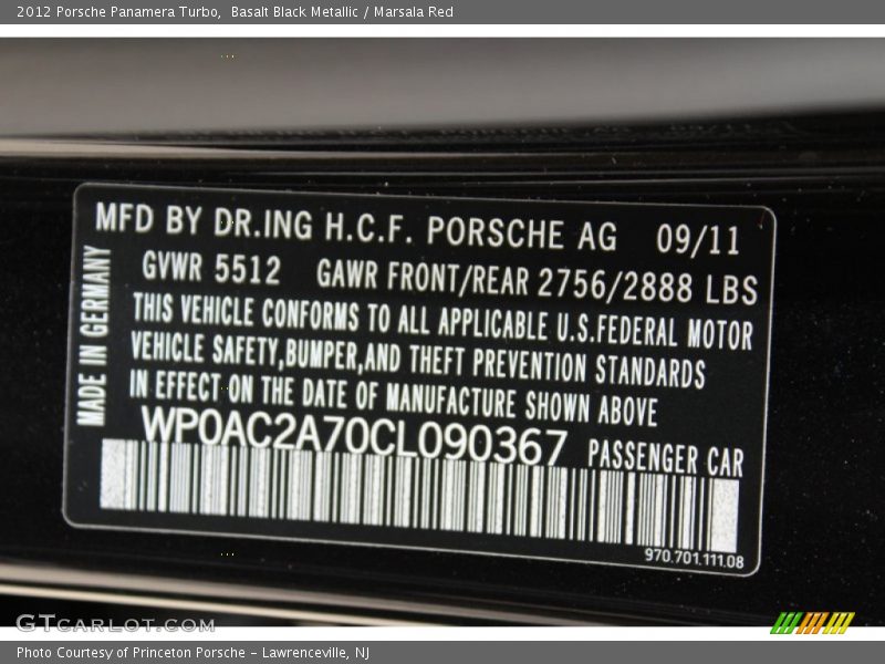 Info Tag of 2012 Panamera Turbo
