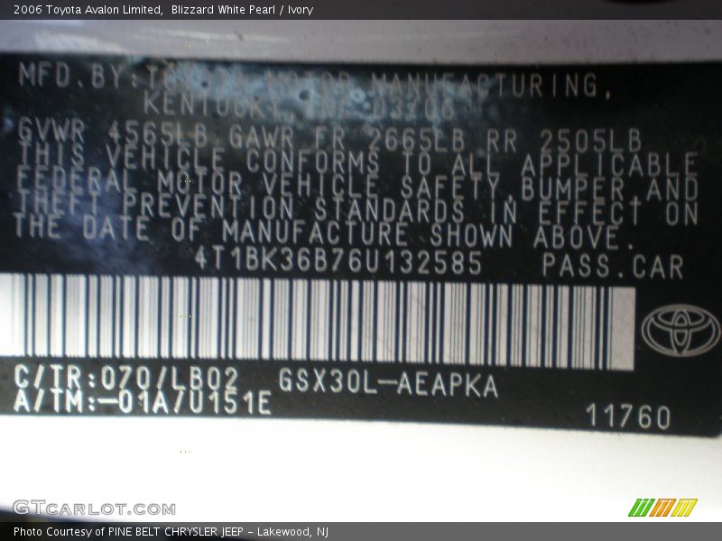 Blizzard White Pearl / Ivory 2006 Toyota Avalon Limited