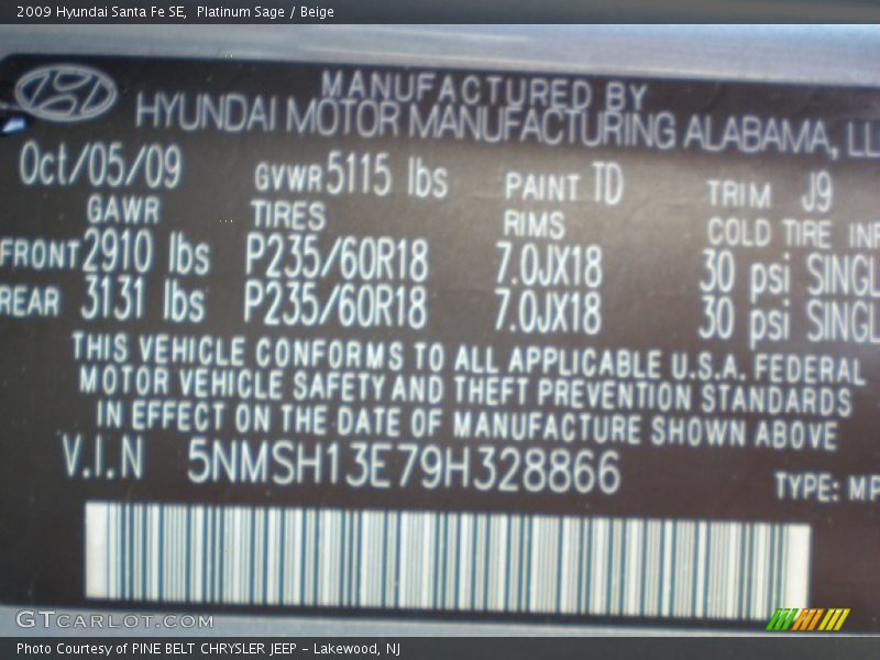 Platinum Sage / Beige 2009 Hyundai Santa Fe SE