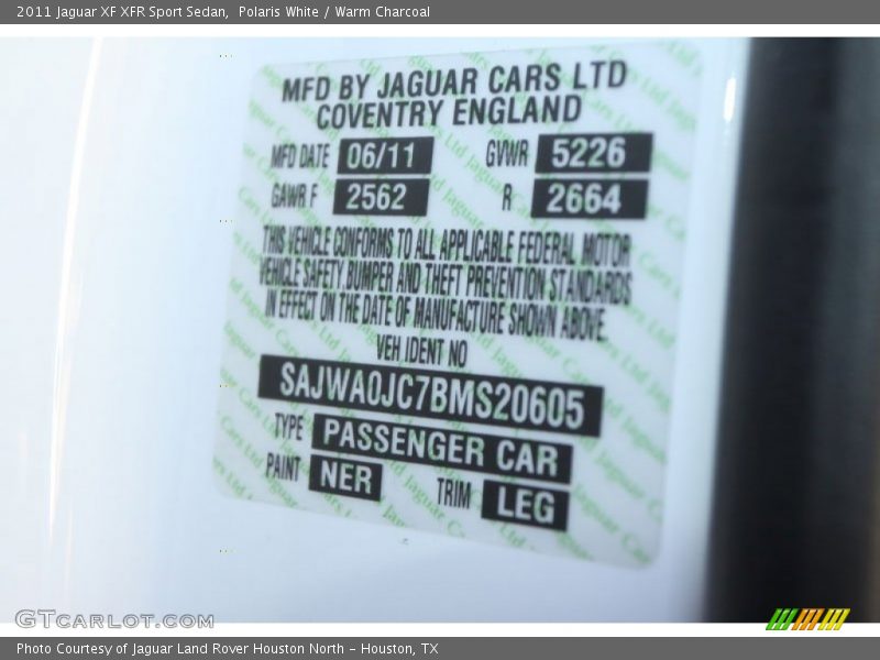 2011 XF XFR Sport Sedan Polaris White Color Code NER