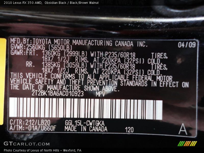 Obsidian Black / Black/Brown Walnut 2010 Lexus RX 350 AWD