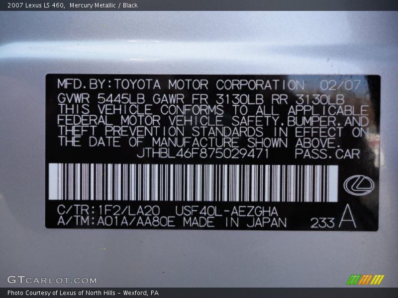 Mercury Metallic / Black 2007 Lexus LS 460