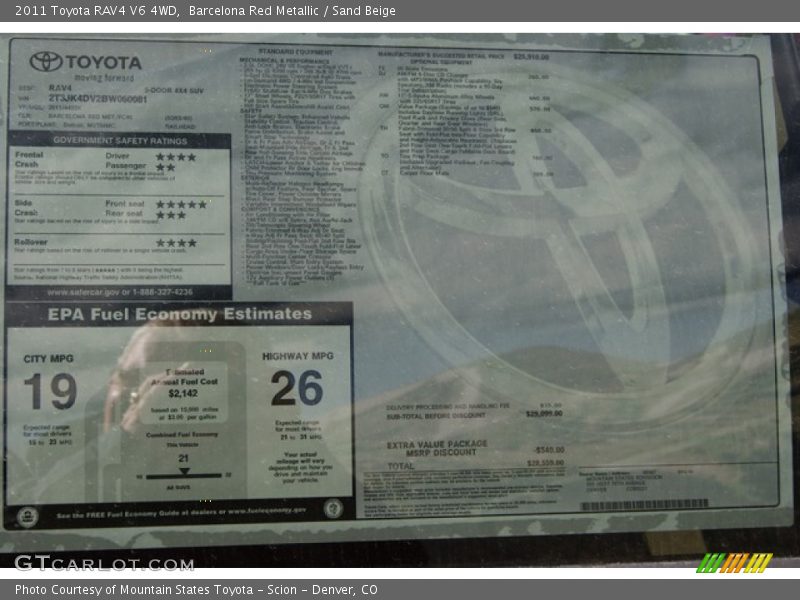  2011 RAV4 V6 4WD Window Sticker