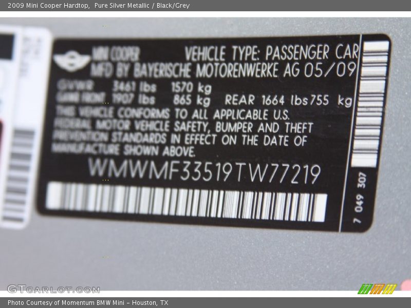 Pure Silver Metallic / Black/Grey 2009 Mini Cooper Hardtop