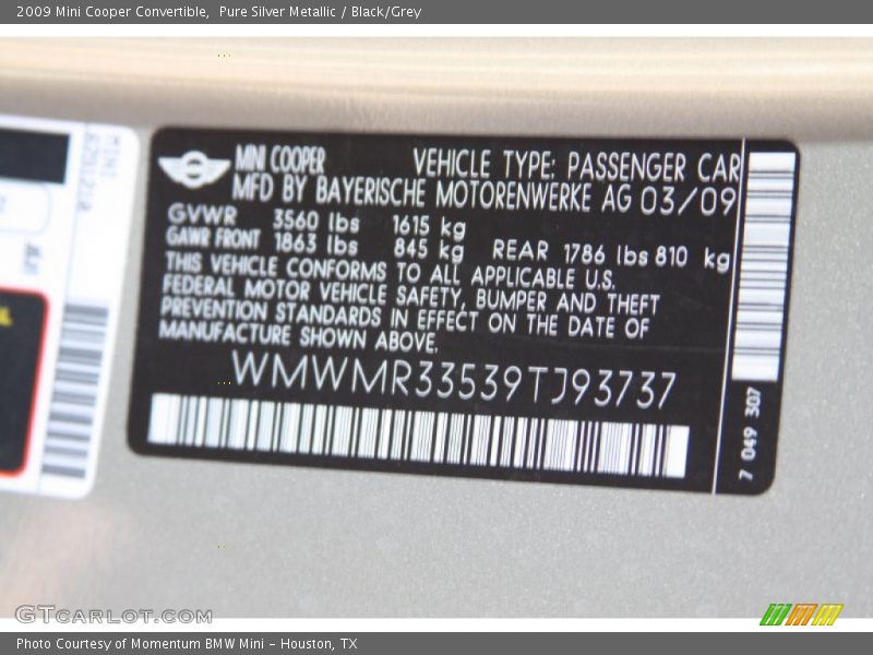 Pure Silver Metallic / Black/Grey 2009 Mini Cooper Convertible