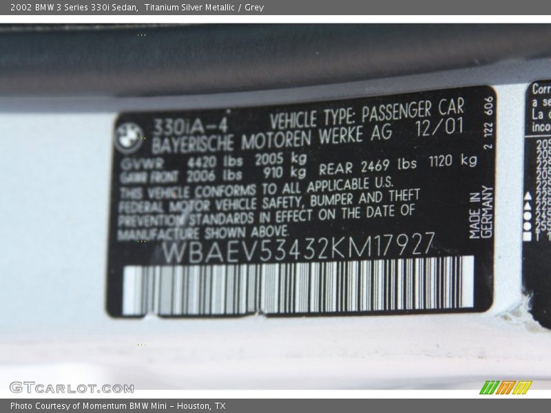 Titanium Silver Metallic / Grey 2002 BMW 3 Series 330i Sedan