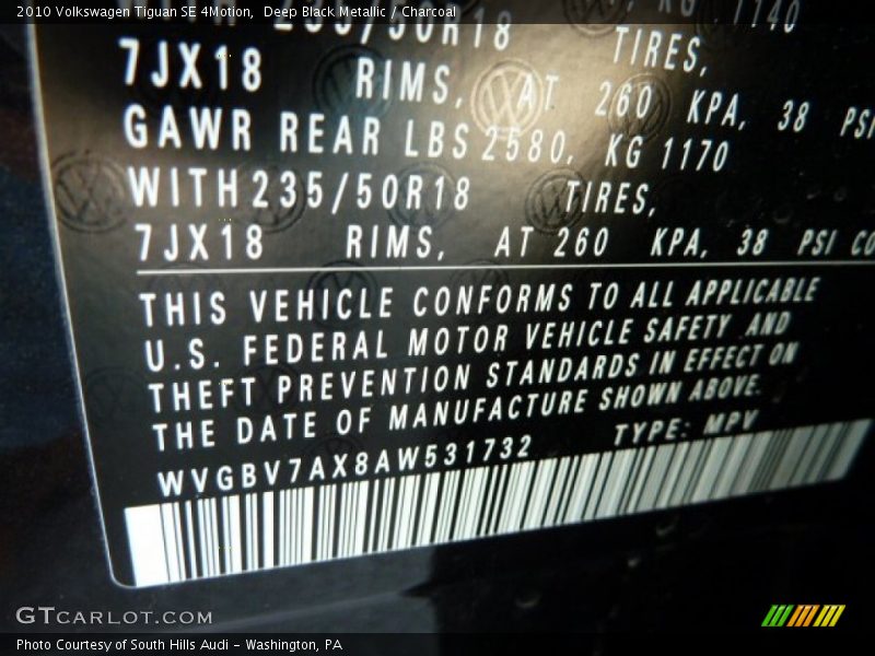 Deep Black Metallic / Charcoal 2010 Volkswagen Tiguan SE 4Motion