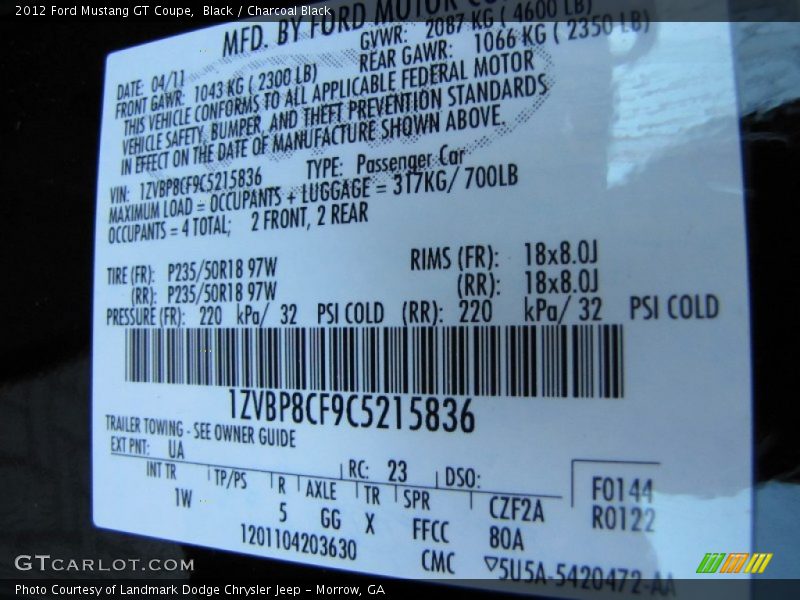 Black / Charcoal Black 2012 Ford Mustang GT Coupe