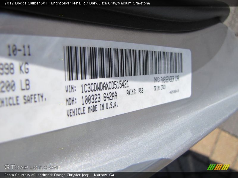 2012 Caliber SXT Bright Silver Metallic Color Code PS2