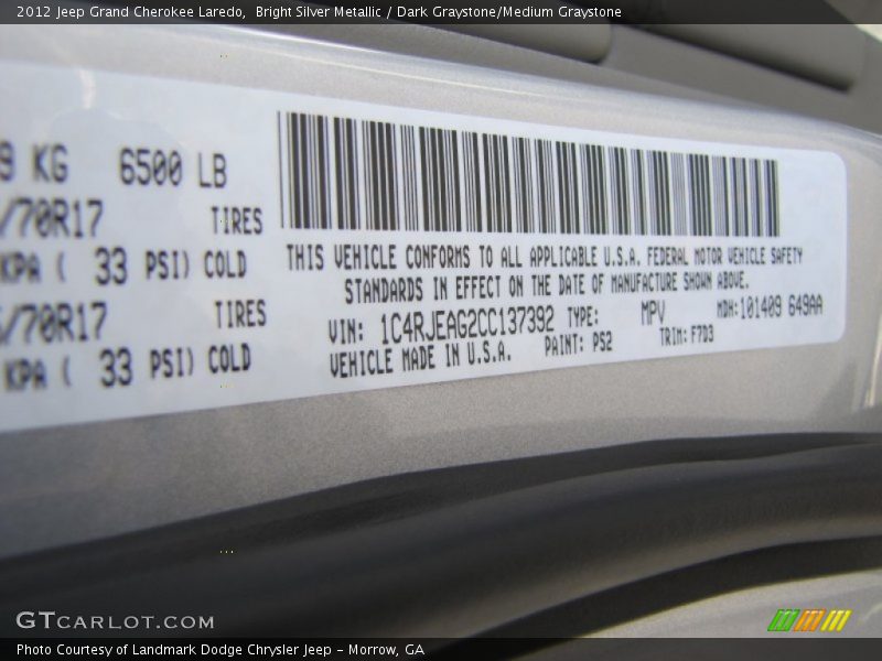 Bright Silver Metallic / Dark Graystone/Medium Graystone 2012 Jeep Grand Cherokee Laredo