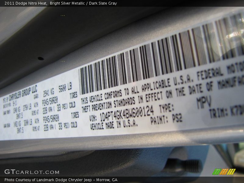 Bright Silver Metallic / Dark Slate Gray 2011 Dodge Nitro Heat